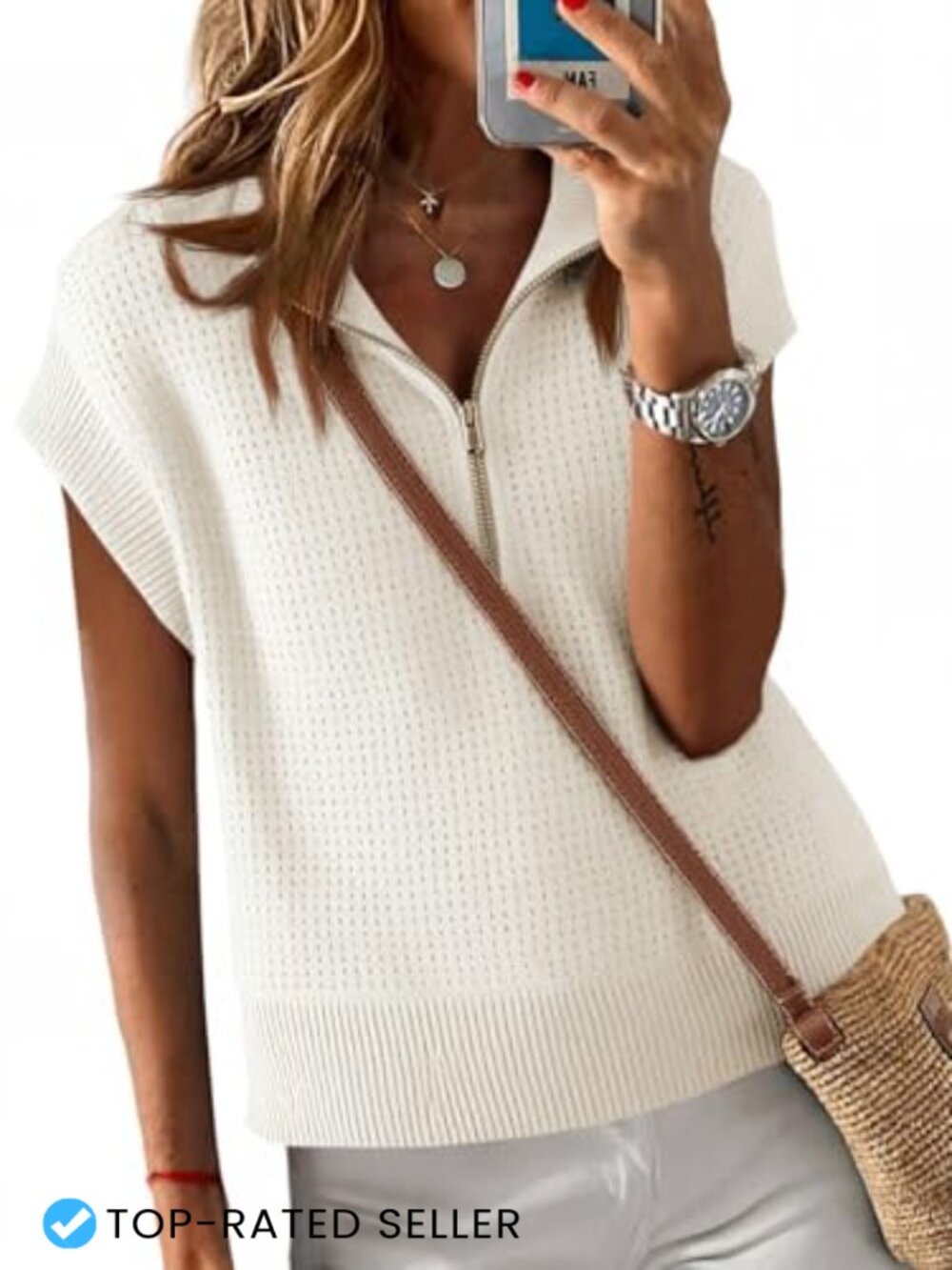 Womens Cropped Knit Sweater Vest Half Zip Cap Sleeve Lightweight Oversized